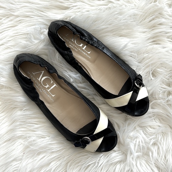 AGL Leather Two-Toned Peep Toe Flats Black/Cream 39.5 - Picture 3 of 10